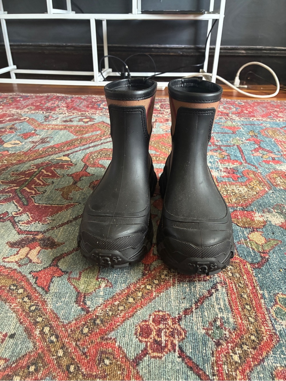 Burberry Black Rubber Ankle Boots with Vintage Check Cuff - Picture 2 of 5